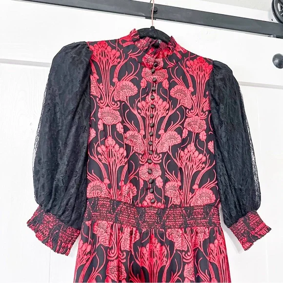 Alice + Olivia Coletta Embroidered Maxi Dress Silk Red Black Size 4 - Picture 3 of 8